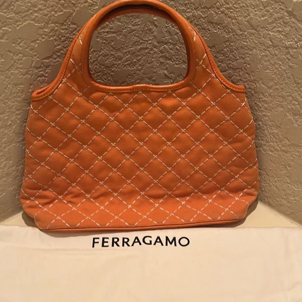 Salvatore Ferragamo Quilted Tote Bag Coral Orange With White Contrast Stitch